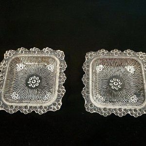 Two (2) Beautiful Vintage Clear Glass Trinket Dishes Coasters Unique Design 4x4